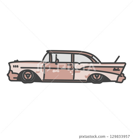 20 世紀 50 年代美國經典汽車插畫：一輛生鏽的美國老爺車 129833957