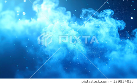 A fantasy landscape of blue mist and particles with light streaming through 129834033