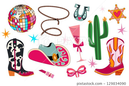 Disco cowgirl elements for party designs Disco cowgirl elements for party designs 129834090