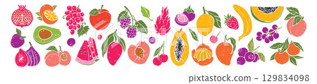Summer fruit print, vector hand drawn berries illustration set exotic tropical cartoon graphic stamp 129834098