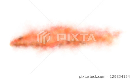 Thick red exhaust smoke cloud trail isolated on black background from aircraft or vehicle with combustion engine 129834134