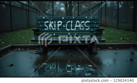 Rebel Schoolyard with Graffiti Reflections in Rain Puddles and Tipped Bench Rebel Schoolyard with Graffiti Reflections in Rain Puddles and Tipped Bench 129834140