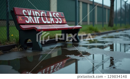 Rebel Schoolyard with Graffiti Reflections in Rain Puddles and Tipped Bench Rebel Schoolyard with Graffiti Reflections in Rain Puddles and Tipped Bench 129834148