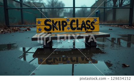 Rebel Schoolyard with Graffiti Reflections in Rain Puddles and Tipped Bench Rebel Schoolyard with Graffiti Reflections in Rain Puddles and Tipped Bench 129834152
