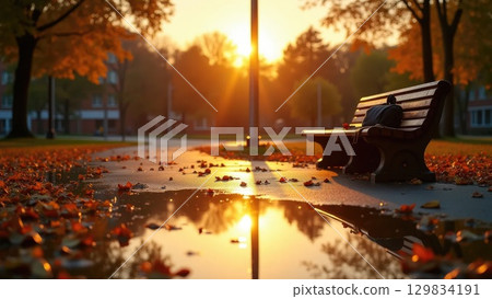 Sunset Schoolyard Puddle Reflection with Autumn Leaves and Forgotten Backpack 129834191