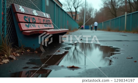 Rebel Schoolyard with Graffiti Reflections in Rain Puddles and Tipped Bench Rebel Schoolyard with Graffiti Reflections in Rain Puddles and Tipped Bench 129834197