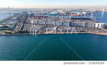 Drone aerial view of a port city 129834284