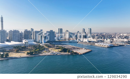 Drone aerial view of a port city 129834290