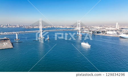 Drone aerial view of port city and ships 129834296