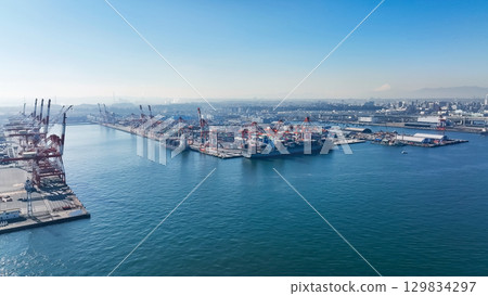 Drone aerial view of a port city Drone aerial view of a port city 129834297