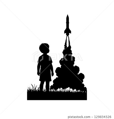 silhouette of a boy watching a rocket launch isolated on white background 129834326