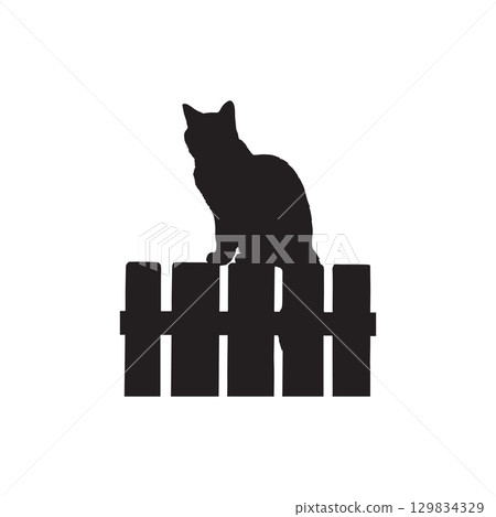 silhouette of a cat sitting on a wooden fence isolated on white background 129834329