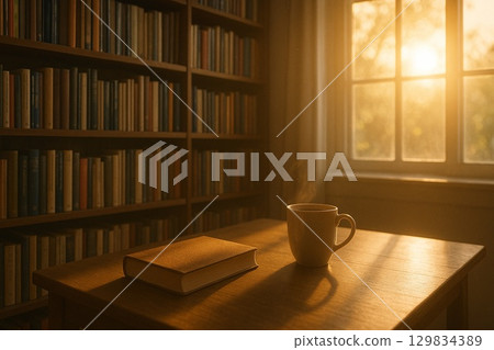 Reading and coffee time by the window at dusk 129834389