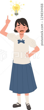 young asian schoolgirl in thai uniform raising finger with light bulb above head shows idea and inspiration for learning creativity and education concept 129834488