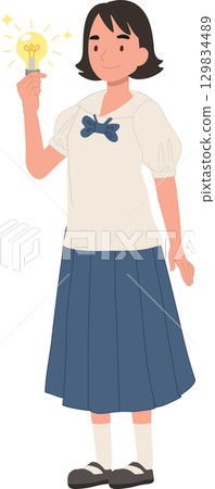 schoolgirl child in thai style uniform with bright idea light bulb symbol of learning and imagination schoolgirl child in thai style uniform with bright idea light bulb symbol of learning and imagination 129834489