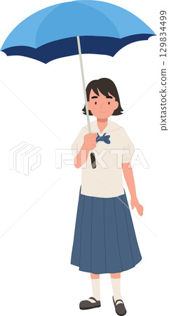 a young thai schoolgirl holding an umbrella in uniform showing daily student life during the rainy season 129834499