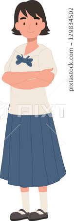 a young thai student in a school uniform standing with folded arms, a young thai student in a school uniform standing with folded arms, 129834502