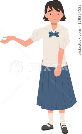 a thai schoolgirl in traditional student uniform standing with hand gesture showing a cultural education concept in asia a thai schoolgirl in traditional student uniform standing with hand gesture showing a cultural education concept in asia 129834522