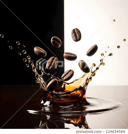 coffee beans falling into the water 129834564