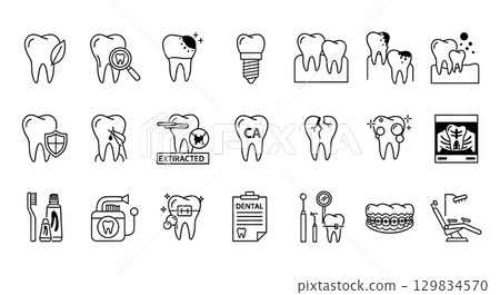 A collection of dental icons representing various treatments and procedures. 129834570