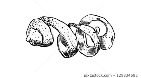 Whole spiral lemon peel vector illustration. Hand drawn outline citrus zest in twist shape line art. Monochrome aromatic fruit ingredient for beverage, bar menu, healthy food, cookbook design 129834688