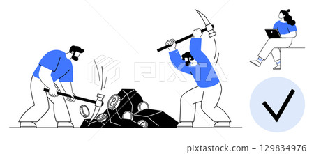 Workers breaking rocks with pickaxe and hammer, person using a laptop, check mark symbol. Ideal for teamwork, hard work, digital transformation, problem-solving, project management, communication 129834976