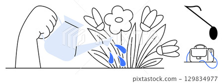 Hand watering blooming flowers with droplets and watering can, spade, and garden bag. Ideal for gardening, growth, care, springtime, environment, sustainability, hobbies. Line metaphor Hand watering blooming flowers with droplets and watering can, spade, and garden bag. Ideal for gardening, growth, care, springtime, environment, sustainability, hobbies. Line metaphor 129834977