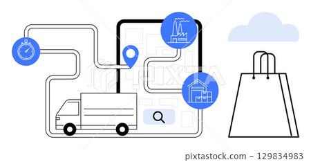 Truck navigating a route map with factory and warehouse icons, stopwatch, and shopping bag. Ideal for logistics, delivery, e-commerce, supply chain, shipping transportation and retail. Line 129834983