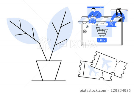 Potted plant with leaves, people engaged in online shopping and cash back, airplane tickets. Ideal for digital marketing, e-commerce, travel, sustainability, eco-friendly tech, financial savings Potted plant with leaves, people engaged in online shopping and cash back, airplane tickets. Ideal for digital marketing, e-commerce, travel, sustainability, eco-friendly tech, financial savings 129834985