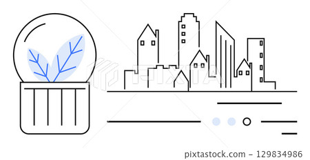 Glass dome containing plant beside a modern cityscape illustration with abstract lines. Ideal for urban planning, sustainability, eco-friendly design, green cities, environmental conservation, smart 129834986
