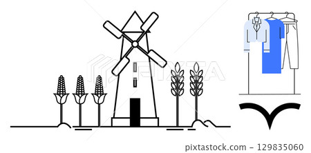 Farm windmill with corn and wheat stalks alongside clothes hanging on a rack. Ideal for agriculture, farming, renewable energy, sustainability, fashion, eco-friendly practices, rural life. Line Farm windmill with corn and wheat stalks alongside clothes hanging on a rack. Ideal for agriculture, farming, renewable energy, sustainability, fashion, eco-friendly practices, rural life. Line 129835060