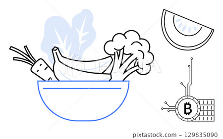 A bowl of fresh vegetables and fruits including carrots, bananas, and broccoli. Adjacent are a slice of melon and a Bitcoin symbol with circuitry. Ideal for health food, nutrition, cryptocurrency 129835090
