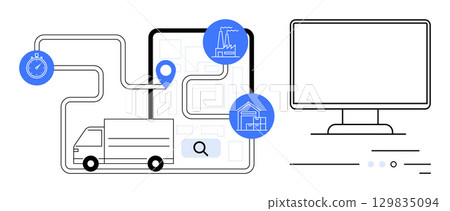 Truck navigating mapped route using location pin, industrial, residential markers, stopwatch, and computer screen. Ideal for logistics management, delivery services, route planning, time tracking 129835094