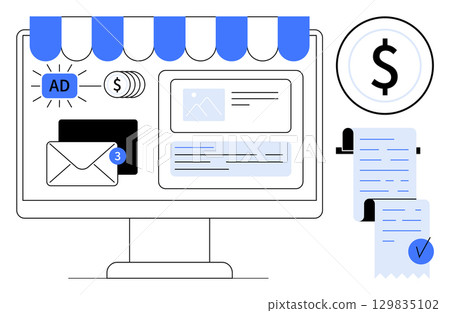 A computer screen under a storefront canopy displaying an email notification, an ad icon, and payment receipt. Ideal for e-commerce, digital marketing, online shopping, financial transactions, email 129835102