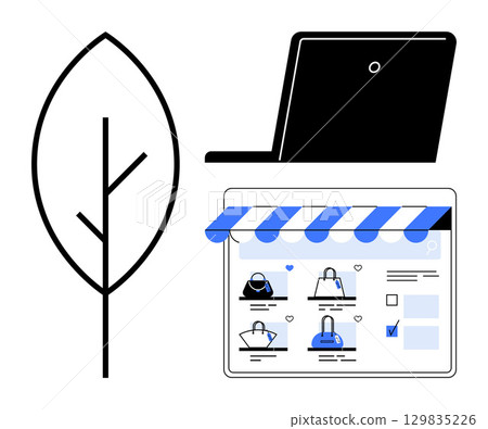 E-commerce website on tablet screen with shopping bags under striped awning. Leaf outline and laptop silhouette. Ideal for online shopping, eco-friendly e-commerce, mobile apps, nature E-commerce website on tablet screen with shopping bags under striped awning. Leaf outline and laptop silhouette. Ideal for online shopping, eco-friendly e-commerce, mobile apps, nature 129835226