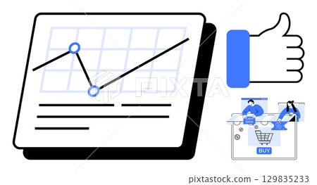 Graph with upward trend, thumbs up icon, online shopping elements with digital interface. Ideal for business growth, marketing strategy, e-commerce, customer satisfaction, data analysis, financial 129835233
