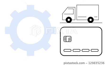 Gear cog, delivery truck, and credit card representing elements of an efficient e-commerce system. Ideal for logistics, online payments, supply chain, business automation, finance, digital Gear cog, delivery truck, and credit card representing elements of an efficient e-commerce system. Ideal for logistics, online payments, supply chain, business automation, finance, digital 129835236