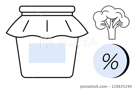 Jar with blank label, broccoli icon, percentage symbol in circle. Ideal for food packaging, nutrition labels, organic products, healthy eating, grocery stores, diet planning, cooking recipes. Line Jar with blank label, broccoli icon, percentage symbol in circle. Ideal for food packaging, nutrition labels, organic products, healthy eating, grocery stores, diet planning, cooking recipes. Line 129835240