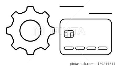 Gear next to credit card, representing system preferences and finance management. Ideal for SEO, banking, business, app settings, online transactions, IT support fintech. Line metaphor 129835241