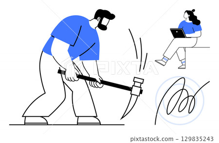 Man using pickaxe while a woman works on a laptop. Ideal for work-life balance, modern employment, remote work, manual labor, productivity contrast, diverse occupations, career choices. Line metaphor 129835243
