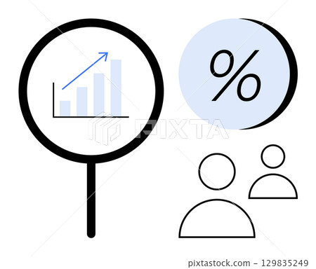 Magnifying glass focusing on growth bar chart with upward arrow, large percentage symbol, and two people icons. Ideal for financial data analysis, business insights, statistical evaluation, economic Magnifying glass focusing on growth bar chart with upward arrow, large percentage symbol, and two people icons. Ideal for financial data analysis, business insights, statistical evaluation, economic 129835249