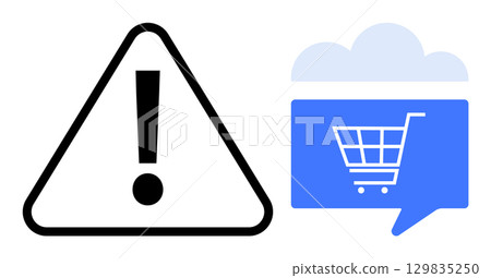 Warning triangle with exclamation mark next to blue shopping cart in a cloud dialog box. Ideal for online shopping alerts, cybersecurity warnings, digital safety tips, user notifications, e-commerce Warning triangle with exclamation mark next to blue shopping cart in a cloud dialog box. Ideal for online shopping alerts, cybersecurity warnings, digital safety tips, user notifications, e-commerce 129835250