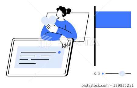 Woman holding heart, tablet displaying text, parallel to blue flag. Ideal for self-care, mental health, love, digital communication, relaxation technology emotional wellness. Line metaphor Woman holding heart, tablet displaying text, parallel to blue flag. Ideal for self-care, mental health, love, digital communication, relaxation technology emotional wellness. Line metaphor 129835251