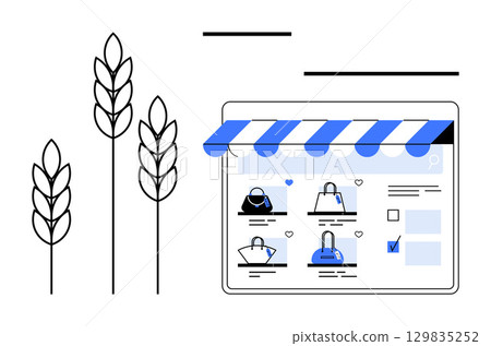 Digital storefront with handbag products on screen, three wheat stalks on left. Ideal for e-commerce, sustainability, online retail, agriculture, organic products, eco-friendly shopping, marketing Digital storefront with handbag products on screen, three wheat stalks on left. Ideal for e-commerce, sustainability, online retail, agriculture, organic products, eco-friendly shopping, marketing 129835252