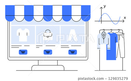 E-commerce screen with clothes, bags for sale, shopping cart icons. Clothing rack, sales graph. Ideal for online shopping, retail analysis, store management, sales tracking e-commerce strategists 129835279