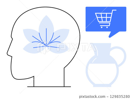 Profile of human head with lotus in brain represents mindfulness. Blue shopping cart icon in speech bubble for e-commerce. Pitcher symbolizes daily life. Ideal for mental health, mindfulness Profile of human head with lotus in brain represents mindfulness. Blue shopping cart icon in speech bubble for e-commerce. Pitcher symbolizes daily life. Ideal for mental health, mindfulness 129835280