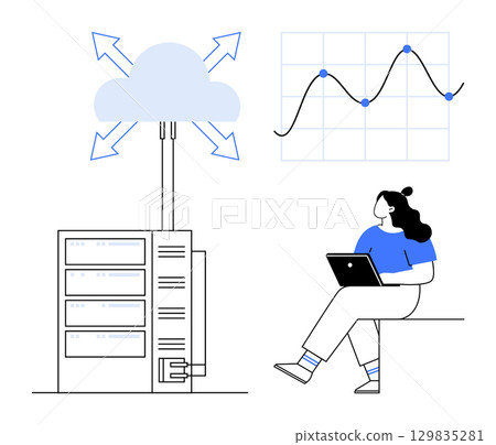 Woman working on cloud data analysis using laptop, seated beside server rack with cloud and directional arrows, graph showing data points. Ideal for cloud computing, data analysis, IT infrastructure 129835281