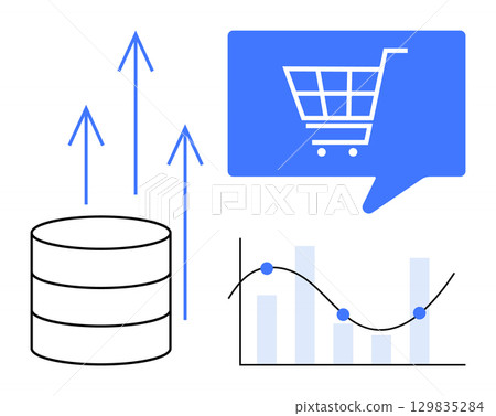 Database icon, upward arrows, shopping cart in speech bubble, and graph with bars and line. Ideal for e-commerce, data analytics, business growth, market trends, financial analysis, online shopping Database icon, upward arrows, shopping cart in speech bubble, and graph with bars and line. Ideal for e-commerce, data analytics, business growth, market trends, financial analysis, online shopping 129835284