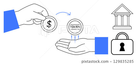 Hands exchanging a dollar coin for a token bank building and padlock icons. Ideal for finance, banking, digital currency, transactions, security, investments, fintech. Line metaphor 129835285