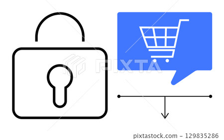 Padlock and shopping cart in a speech bubble linked by line and arrow. Ideal for e-commerce security, online transactions, data protection, cybersecurity, secure payments, digital commerce, privacy 129835286